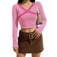 thumbnail image 4 of Fiomva Female Crop Top Solid Color V-Neck Long Sleeve Base Shirt Pullover for Summer Fall, 4 of 4