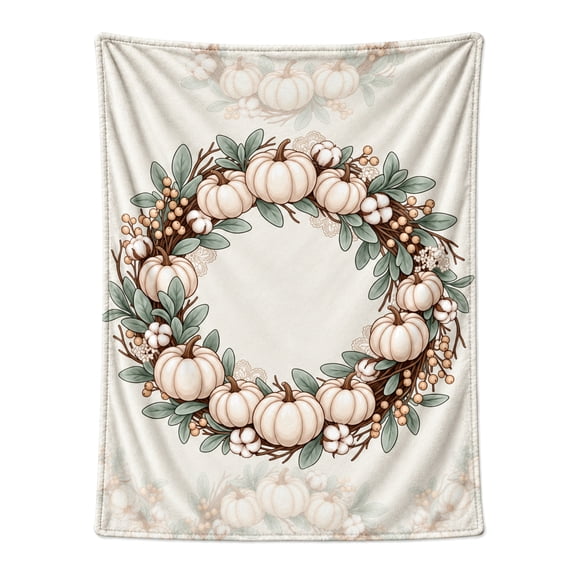Pumpkin Blanket, Farmhouse Throw for Couch and Bed, Halloween Thanksgiving Gift, White Pumpkin Wreath, Flannel Blanket 50x40