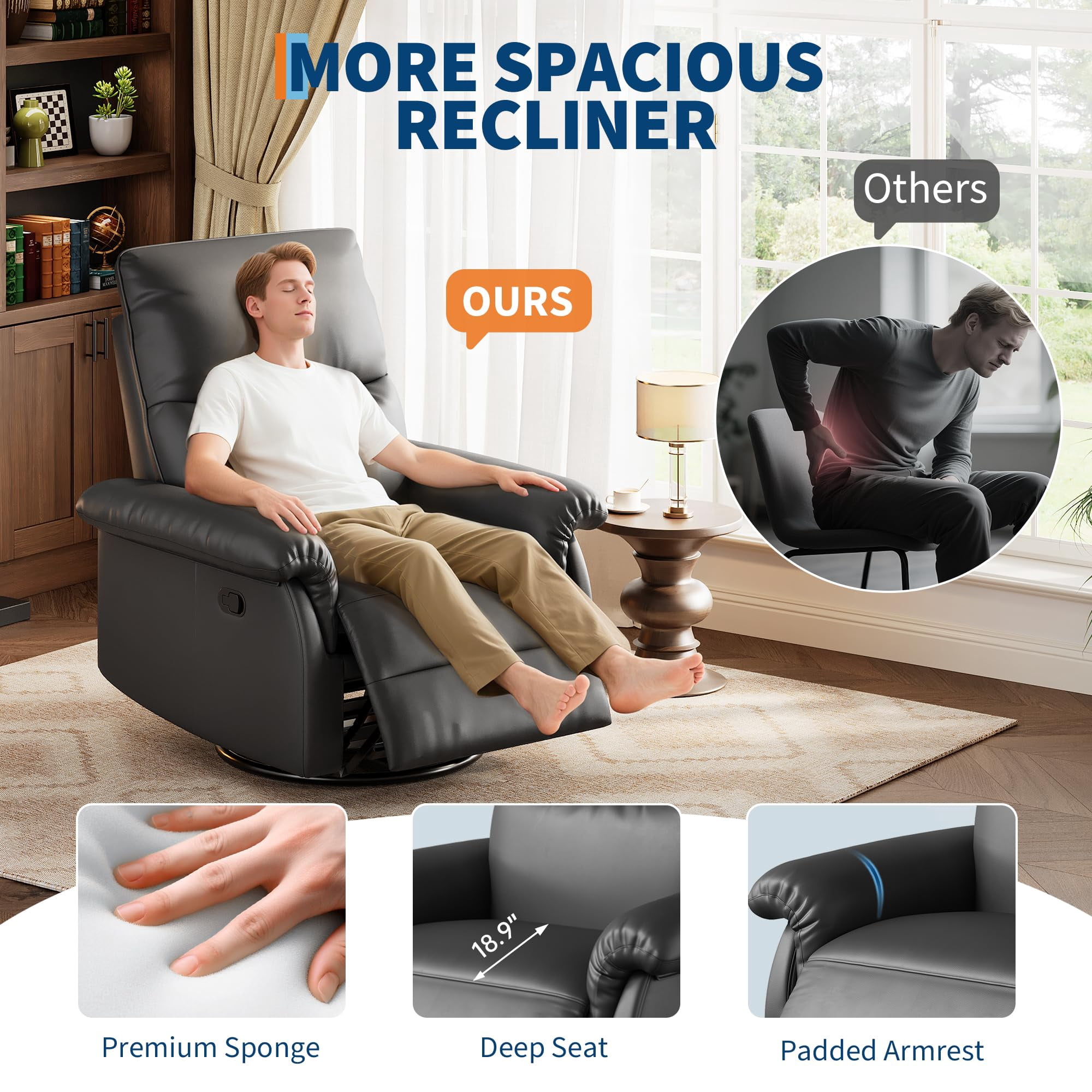Soonbuy Swivel Rocking Nursery Recliner Chair, Rocker Recliner Glider Deep Seat, PU Leather Sofa Chair with high Backrest for Nursery, Living Room, Bedroom & Home Movie Theater, Orange/Black