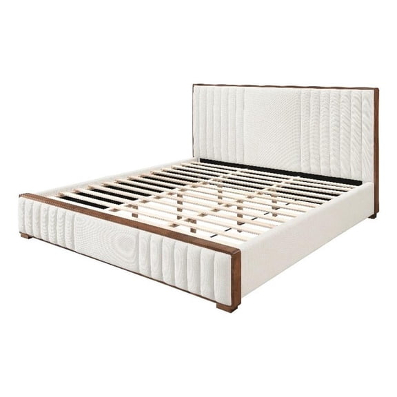 ACME Kaleea Chenille Upholstered Tufted Queen Bed in Beige and Walnut