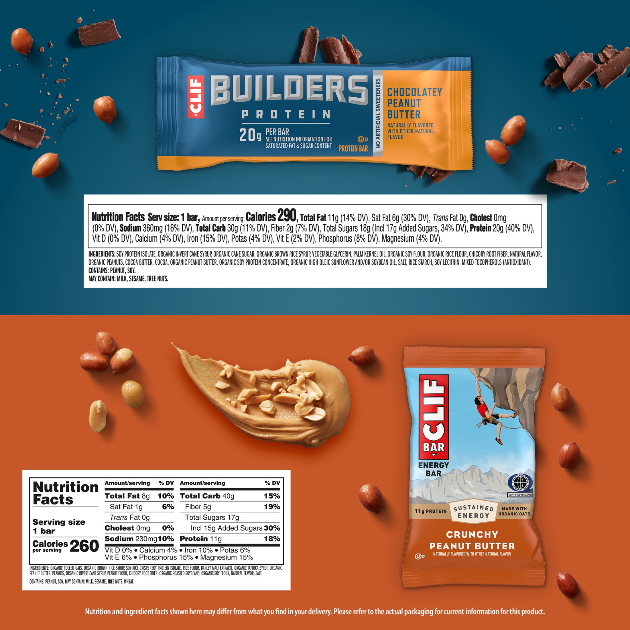 CLIF BAR Energy Bars and CLIF BUILDERS Plant Based Protein Bars, Peanut Butter Variety Pack, 14ct