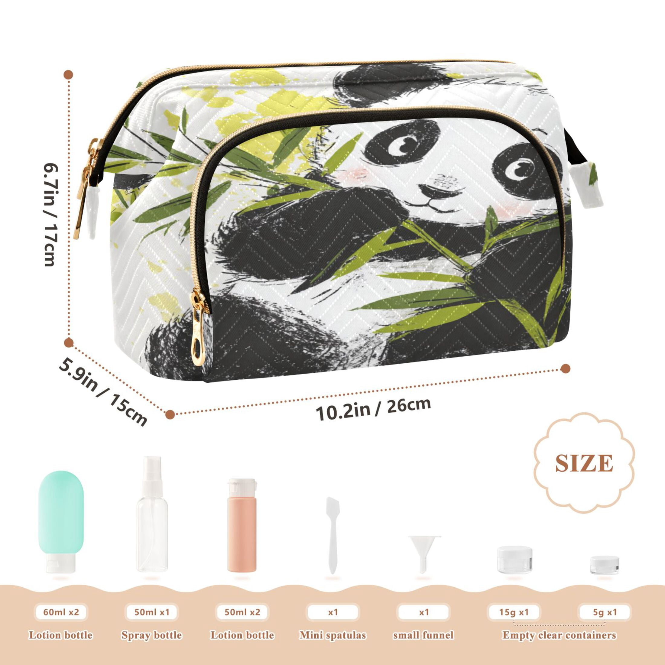 Wavy Quilted Cosmetic Bag Large-Capacity Travel Toiletry Organizer Includes 9-Piece Portable Travel Bottle Set Cheerful Bamboo Panda