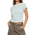 thumbnail image 2 of YVNAURA Women's Basic Striped Tee Crewneck Slim Fit Short Sleeve Ribbed Knit T Shirts 2026 Summer Lightweight Breathable Stretchy Fitted Tops for Women Cute Casual Daily Beach Vacation, Blue,L, 2 of 8