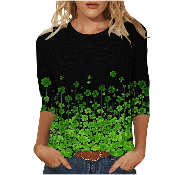 Lopecy-Sta Womens Tops Crew Neck Clover Print 3/4 Sleeve T-Shirt For St. Patrick's Day And Casual Wear
