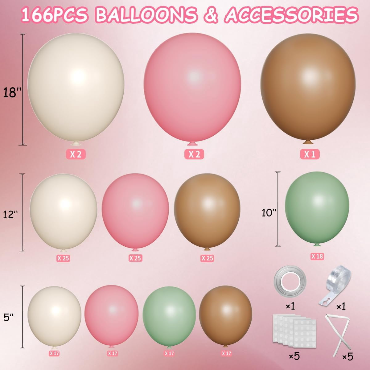 Burculy Pink Green Brown White Balloon Garland Arch Kit, 166Pcs Blush Pink Pastel Green White Sand Tan Brown Boho Balloons for Baby Shower Birthday Wedding Safari Jungle Woodland Party Decorations