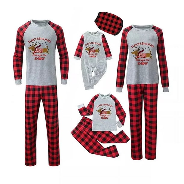 Pijama familiar navideño a juego Conjunto de pijama gris con cuadros de nieve y perro salchicha rojo