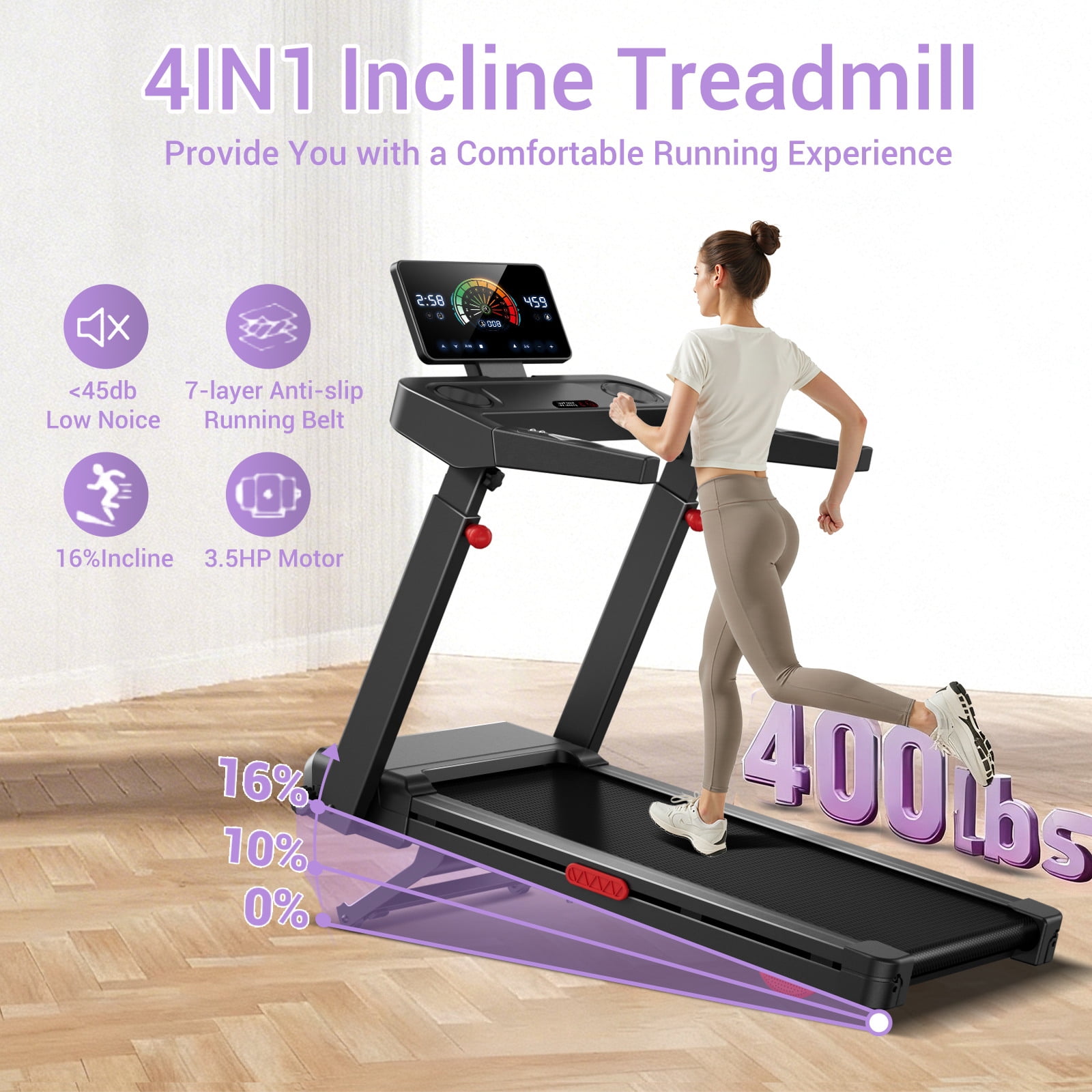 SONITU 16% Auto Incline Treadmill, Foldable with 3-Level Console, Quiet 3.5 HP Motor, 400 lbs Weight Capacity