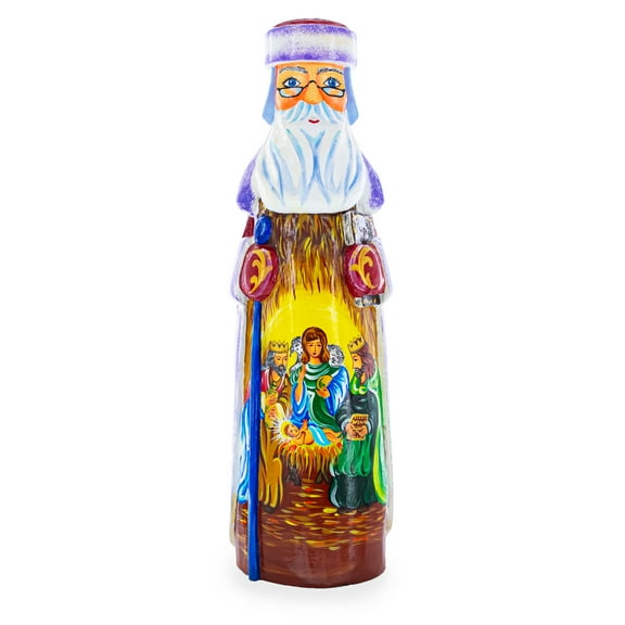 Santa over Nativity Scene Ukrainian Hand Carved Solid Wood Figurine 11 Inches