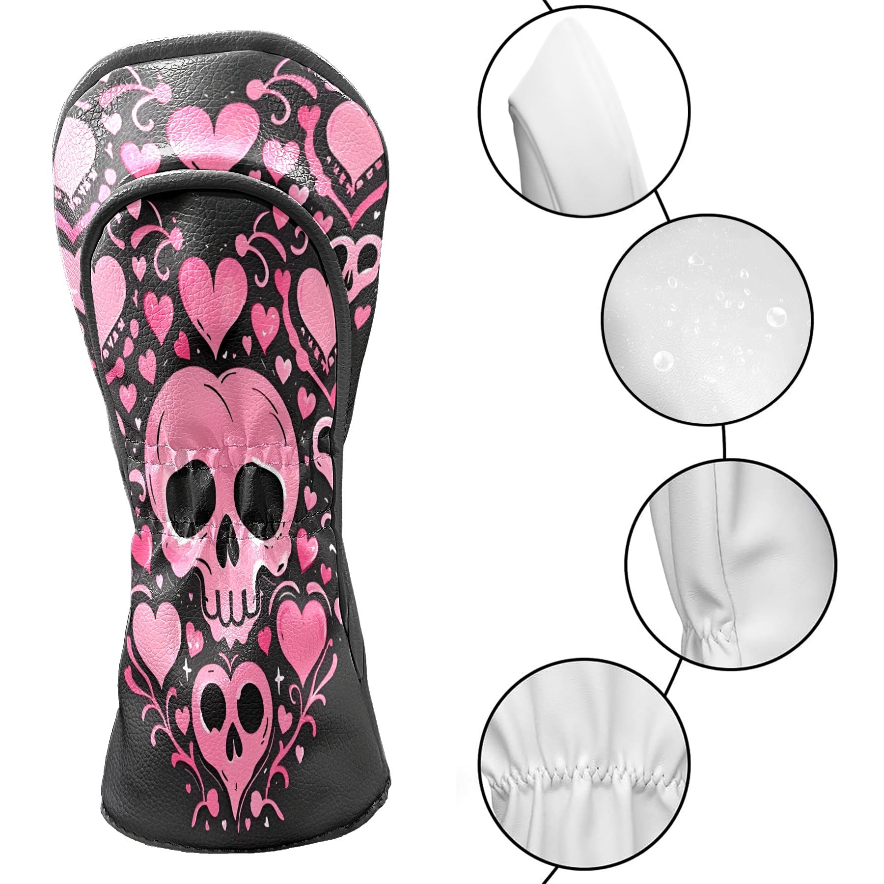 Golf Club Covers, Pink SkullHeart Premium PU Leather Driver Hybrid Putter Head Covers with Velvet Lining, Waterproof Golf Gifts for Men Women