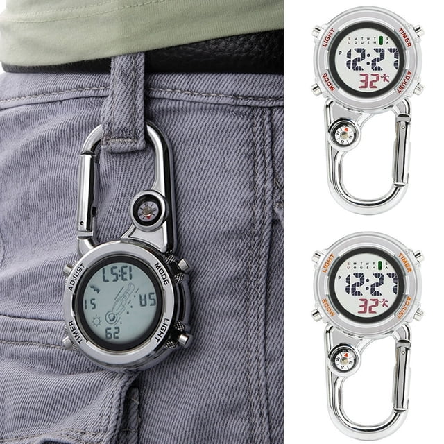 MesaSe Clip on Digital Quartz Watch Backpack Belt Waterproof and Shockproof Anti-oxidation Pocket Watch Glow in The Dark Carabiner Watch with Compass Alarm Clock Date Week for Outdoor