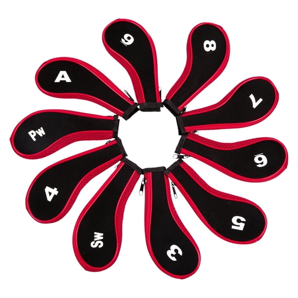 Juego de 10 fundas para cabezas de palos de golf, resistentes al agua, con número de serie Rojo y negro