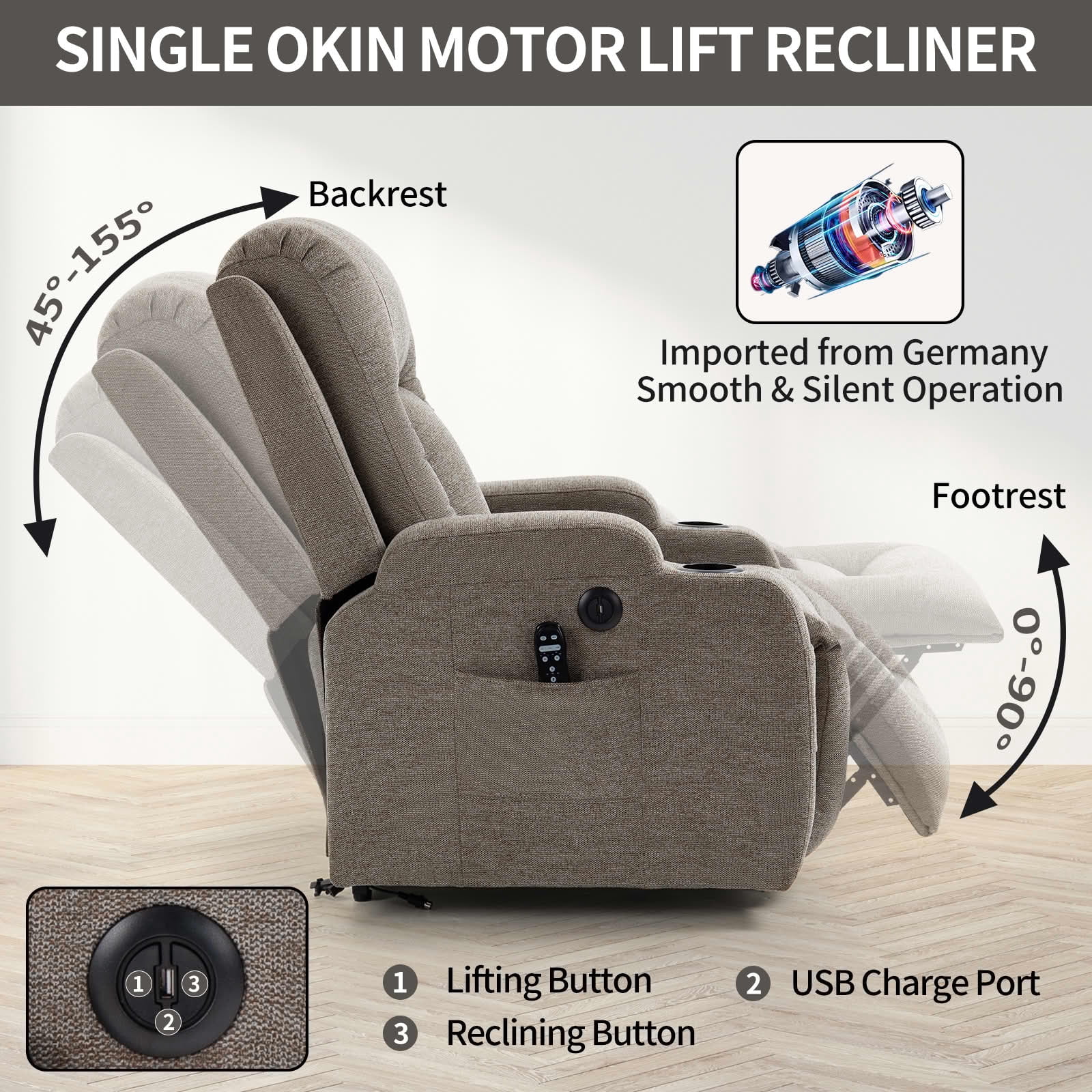 MAYEERTY Beige PU 350lbs Power Lift Recliner Chair, 8-Point Massage Heat USB Cup Holders 40"x36"x45" for Elderly