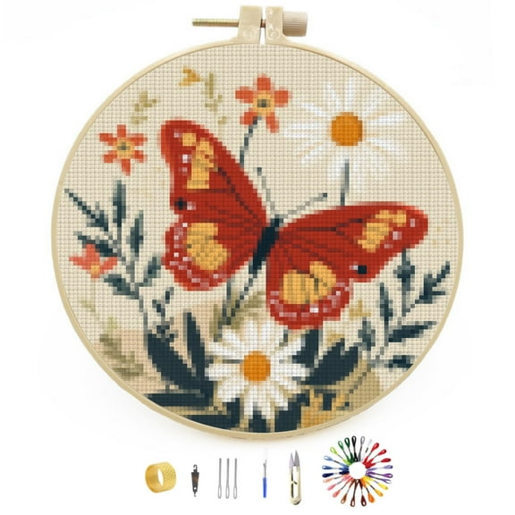 DIY Stamped Cross Stitch Kits Butterfly and Daisy Flowers Easy for Beginners with Hoop 11CT Counted Embroidery Needlepoint Crafts Arts for Handmade Enthusiasts and Home Decor 30x30cm(4)