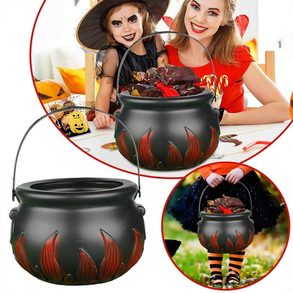 Mashaouyo Desktop Decor Halloween Witch Cauldron Handheld Plastic Flame Barrel Black Cauldron Halloween Candy Buckets Candy Holder Pot With Handle For Halloween Party Decorations