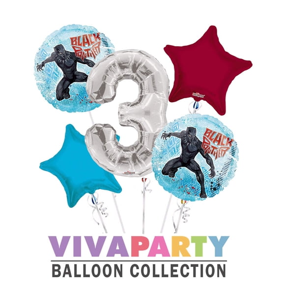 Black Panther Round Balloon Bouquet 5 pc, 3rd Birthday, Silver Number 3 Jumbo Balloon | Viva Party Balloon Collection