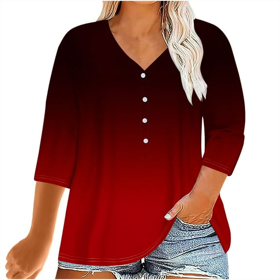 hxobax 3/4 Length Sleeve Button Shirts for Womens Plus Size Tunic Tops Gradient Casual Loose Blouses