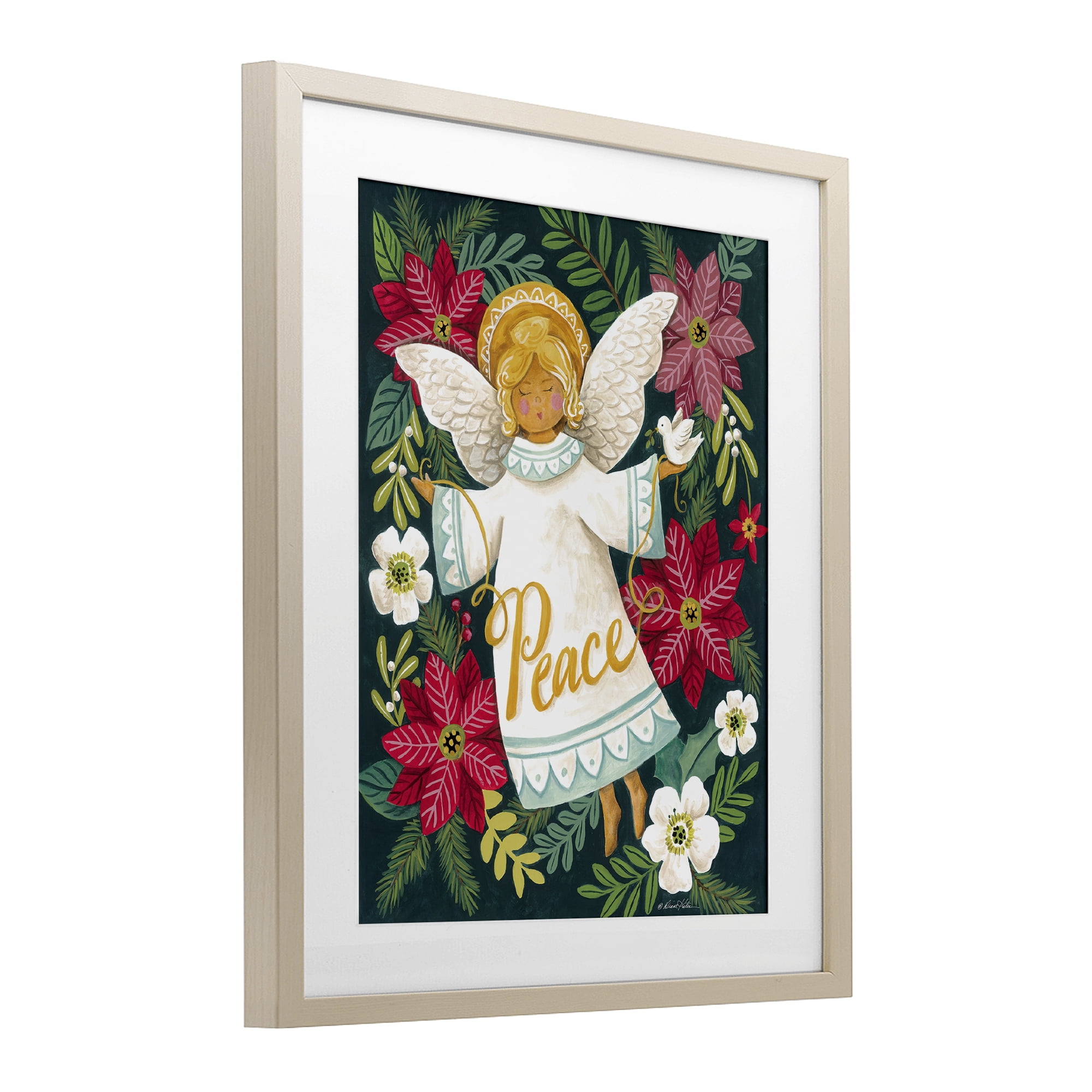Angel with Peace & Botanicals Birch Framed Print Under Glass, design by Diane Kater