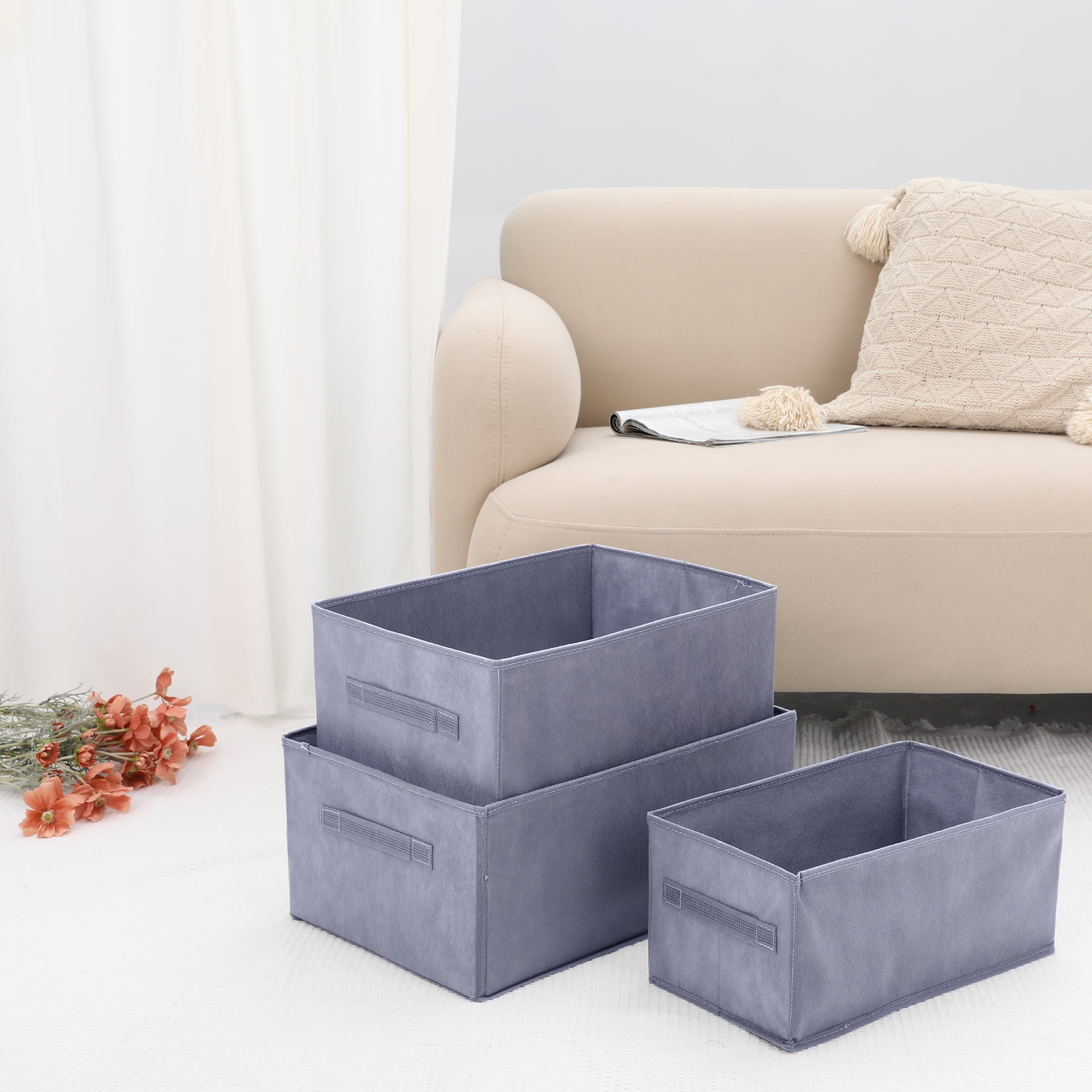 Unique Bargains Storage Cube Fabric Bin with Handles 1 Pc Basket Grey 16x11x8"