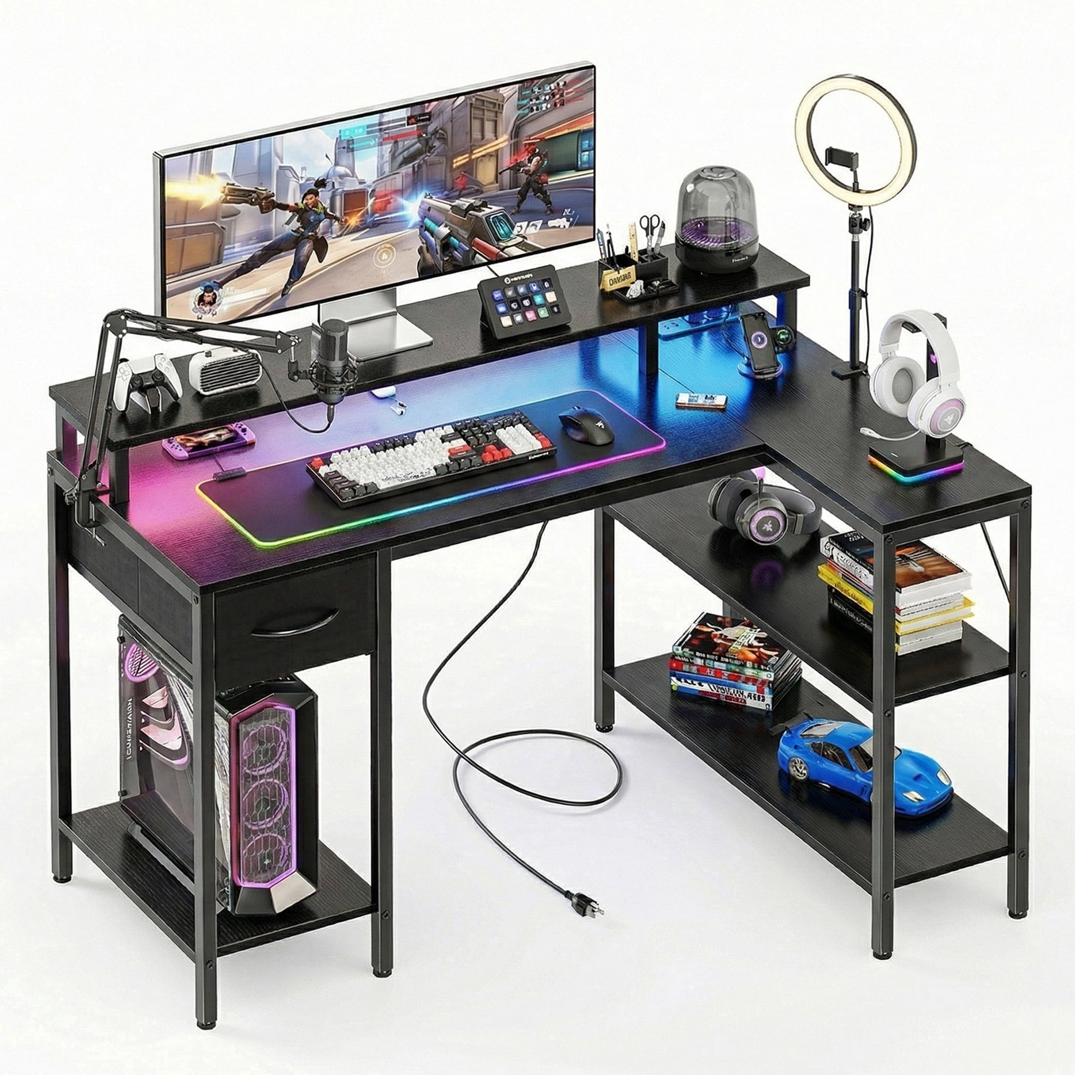 CONCETTA 53 inch L-Shaped Gaming Desk, Reversible Design with LED Lighting, Power Outlets and Double-Tier Storage, Black for Home Office