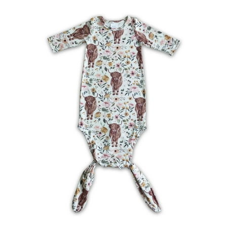 

New Infant Gowns Western Cow Flower Print Long Sleeve Baby Girl Gowns(0-3 Months)