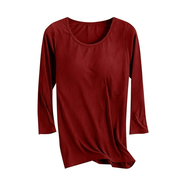 Staron Haut de Pyjama Décontracté pour Femme à Manches 3/4, Col Rond, Couleur Unie, avec Coussinets de Poitrine Intégrés, Tenue de Détente Sans Coutures, Vêtement de Nuit Confortable, Bourgogne m