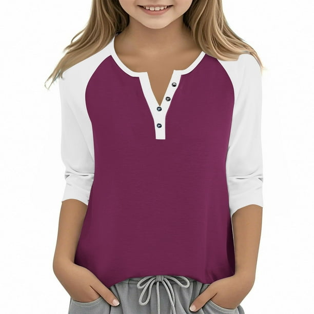 Cowsor Girl's Casual 3/4 Sleeve T Shirts Button V Neck Tunic Blouses Color Block Basic Tee Tops Loose Fit Summer Shirt