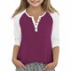 thumbnail image 1 of Cowsor Girl's Casual 3/4 Sleeve T Shirts Button V Neck Tunic Blouses Color Block Basic Tee Tops Loose Fit Summer Shirt, 1 of 6