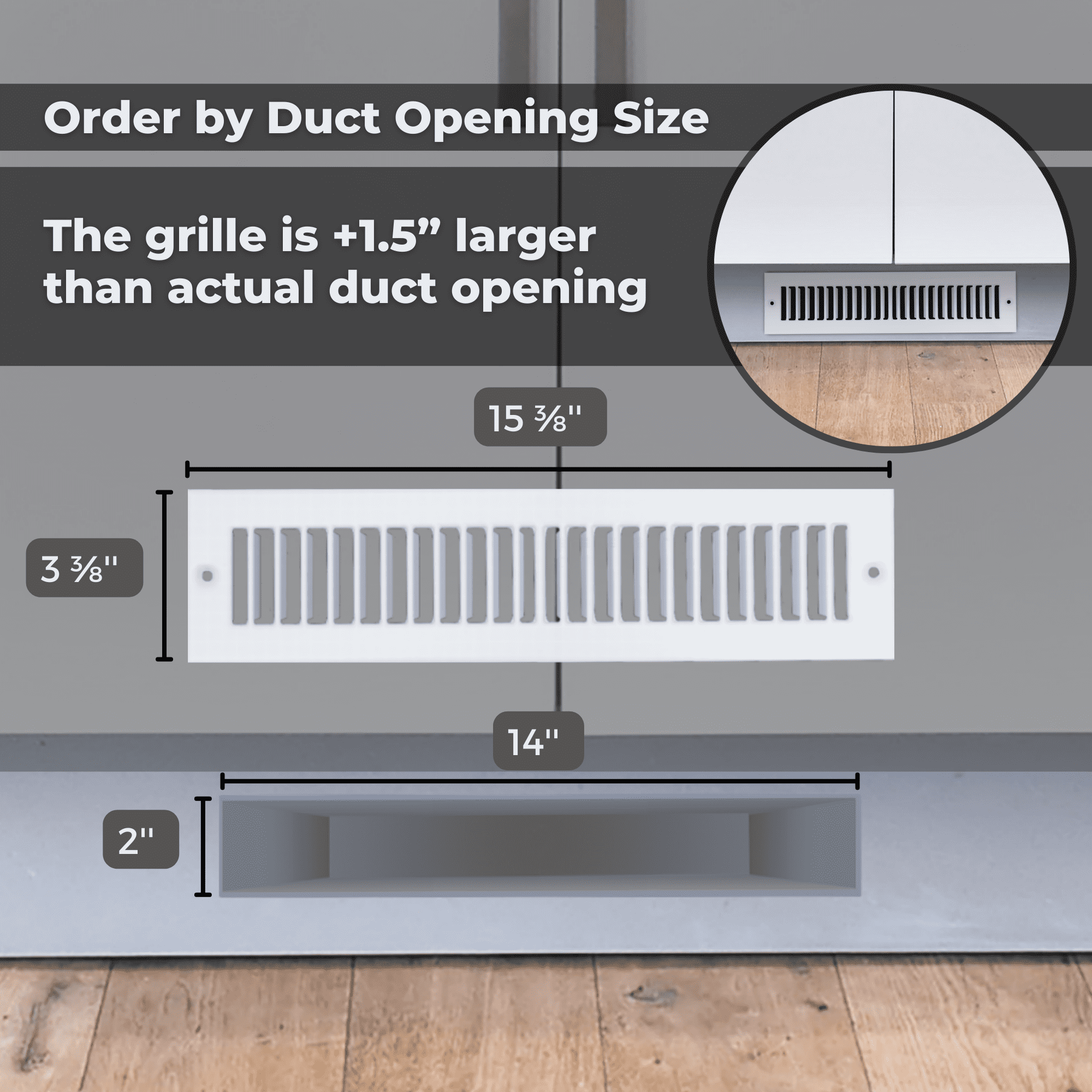 [2 Pack] Fits 2x14 Duct Opening | Toe Kick Vent Cover by Handua | Cabinet Toe Kick Space Register Grille | HVAC Toe Space Vent Cover | Outer Dimensions: 3 3/8" X 15 3/8" | White