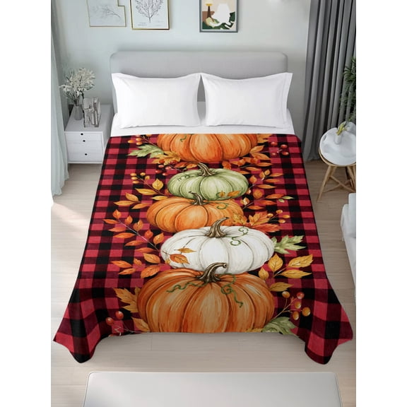 Full Flat Sheet Only Thanksgiving Farm Pumpkins Soft Microfiber Cooling Bedding Sheets Red Black Plaid Flat Bed Sheet for Hotel,Home Decor