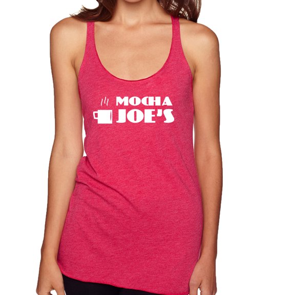 Mocha Joe's Coffee Stand Shop Logo | Womens Pop Culture Premium Tri-Blend Racerback Tank Top, Shocking Pink, Small