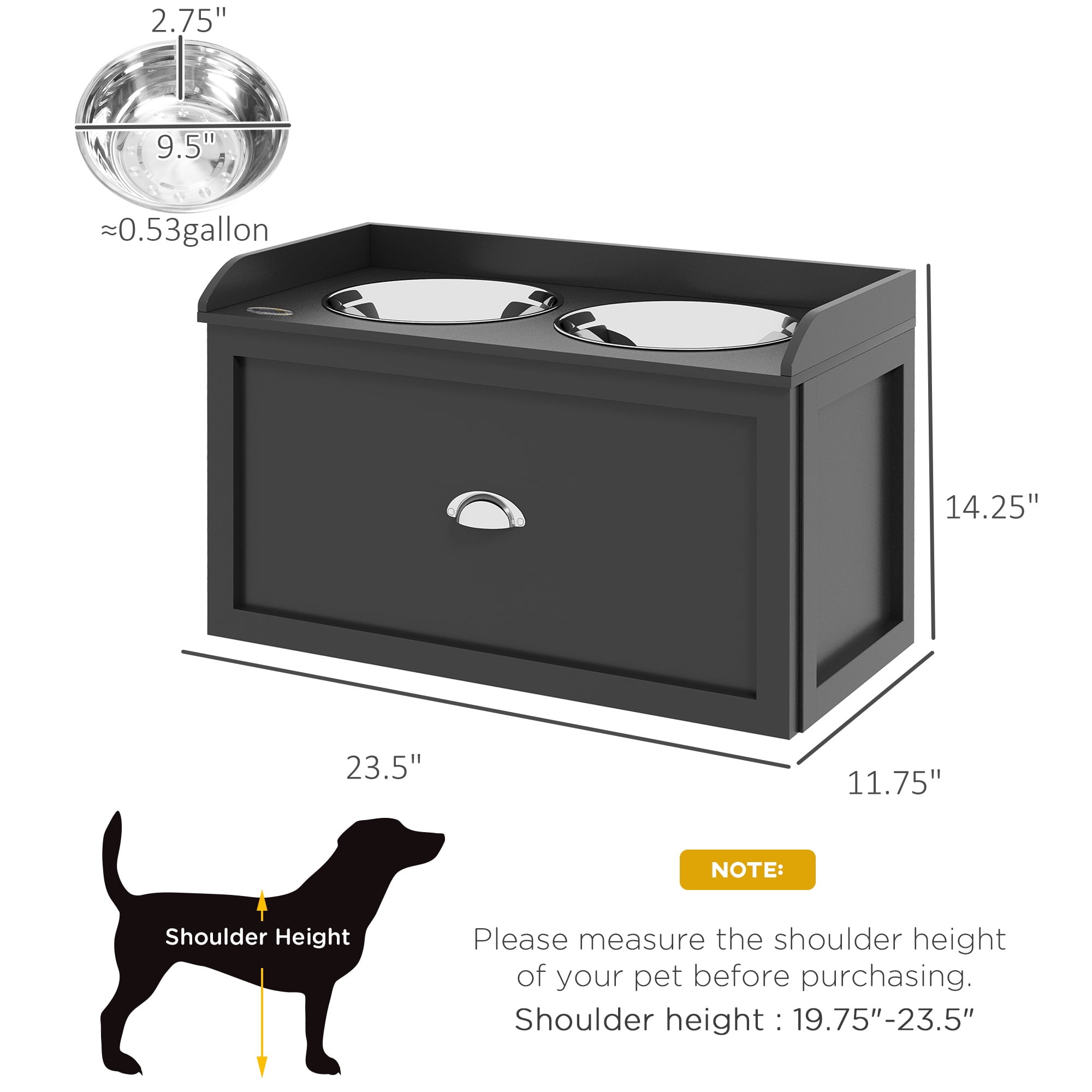 E-Western Dog Feeding Station with Storage Drawer, Large Removable Elevated Stainless Steel Bowls, Pet Organizer, Black