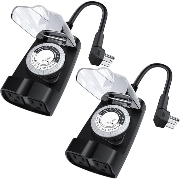 Outdoor Timer Outlet Waterproof, 24 Hour Outdoor Light Timer, Timers for Electrical Outlets, Ideal for Pool Pump, Christmas Lights, Heavy Duty, 2 Grounded Outlets, ETL Listed, 2 Pack