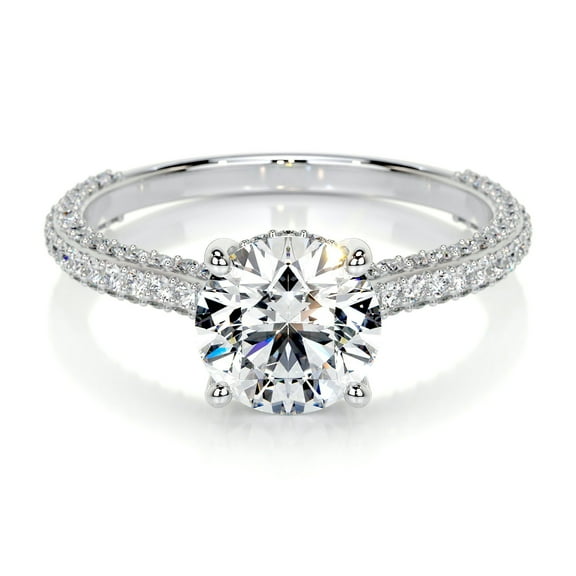 First Jewel Silver 14K White Gold Over Ring - Anniversary Ring - Round Cut Brilliant 1.8 Ct Diamond Ring for Her - Solitaire with Accent Diamond Ring for Her - Eternity Band Diamond Ring for Her