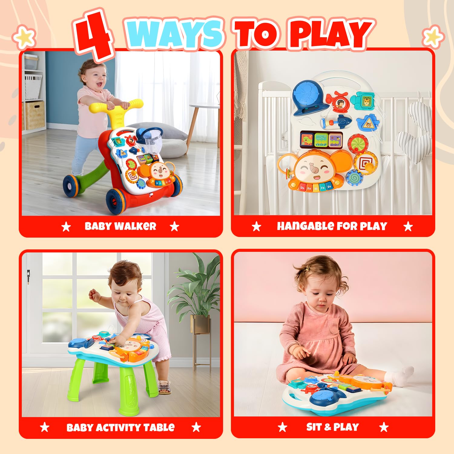 LINXUXIE 3 in 1 Baby Walker Activity Center, Sit to Stand Learning Toy with Music Panel, Early Learning Gifts for Infant 6-12 Months