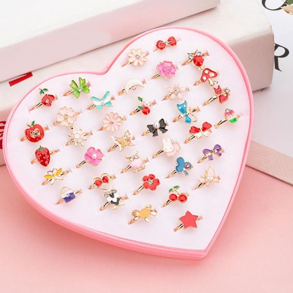 ddioayh Children's Rings 36 Piece Assorted Styles in Heart-Shaped Display Cabinet, Cartoon Fruit and Princess Designs for Little Girls, Cute Accessories for Dress Up Play and Parties