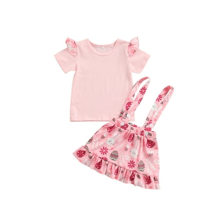 

Nokpsedcb Kids Baby Girls Easter 2Pcs Clothes Set Ruffle Shoulder Short Sleeve T-shirt+Cartoon Bunny Suspender Skirt Pink 5-6 Years