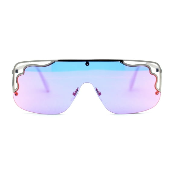 Womens Unique Art Deco Trim Flat Top Racer Shield Sunglasses Silver Fuchsia Blue Mirror