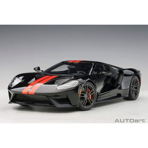 2017 Ford GT Shadow Black with Orange Stripes 1/18 Model Car by Autoart