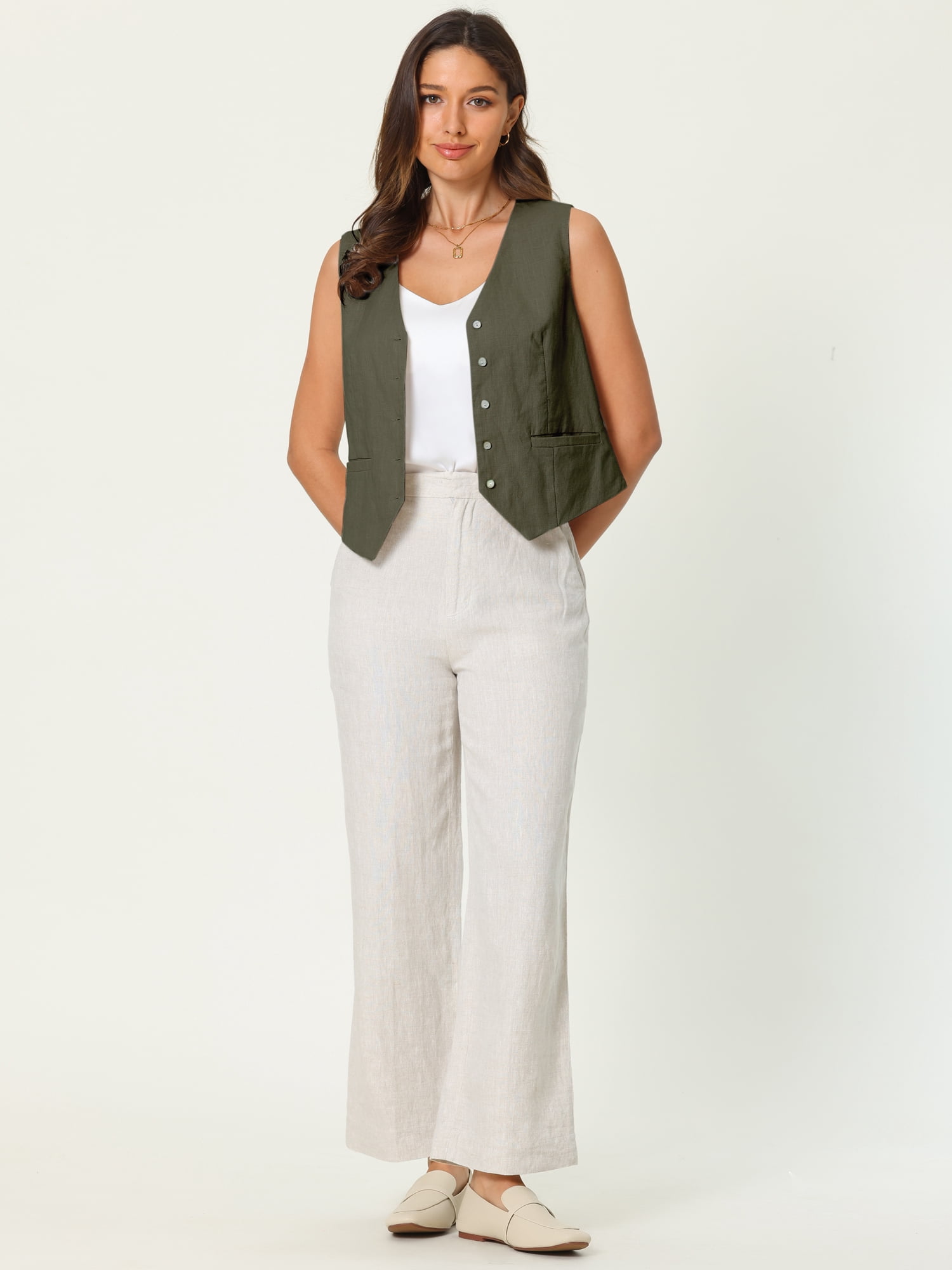 DARING DIVA Women's Linen Vest Button Down V Neck Business Waistcoat 2XL Olive Green