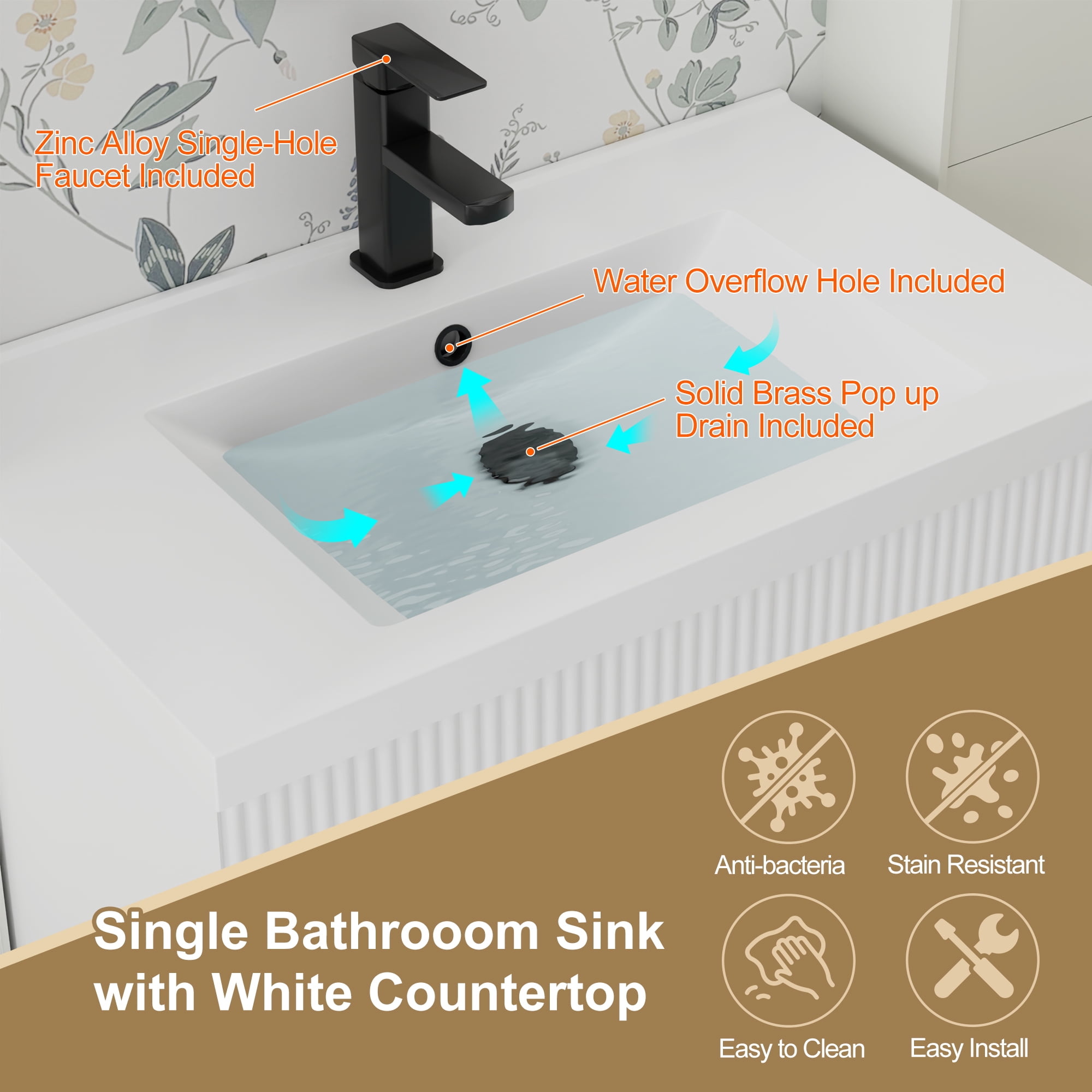 30" Single Bathroom Vanity with Integrated Sink Top, Water Saving Faucet