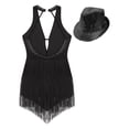 thumbnail image 3 of YONGHS Women Sequined Tassel Latin Dance Leotard with Hat Set Salsa Rumba Tango Dancing Costume Black M, 3 of 5