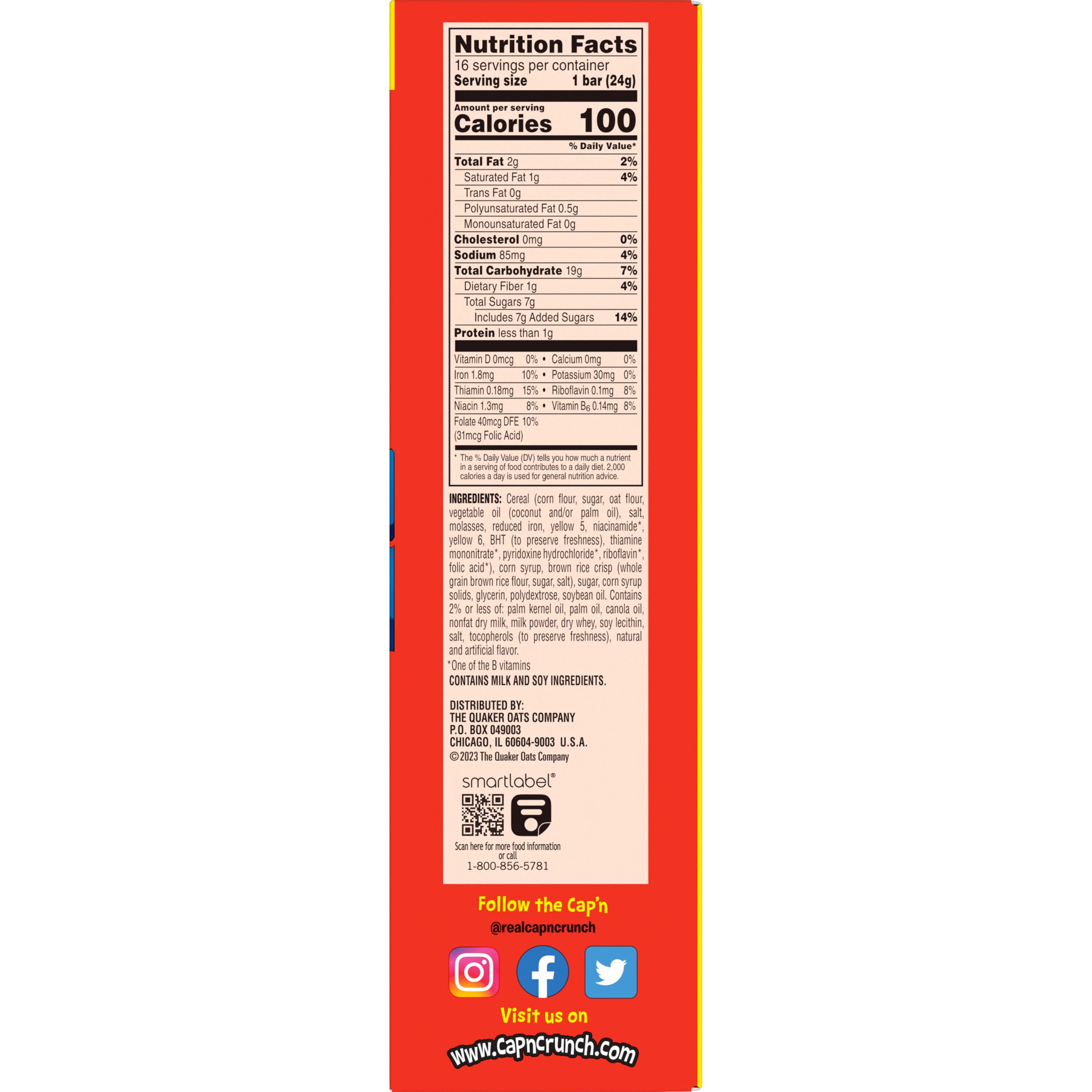 Cap’n Crunch Treats with Rice Crisps Cereal Bars, Original Crunch, 0.84 oz, 16 Count Box