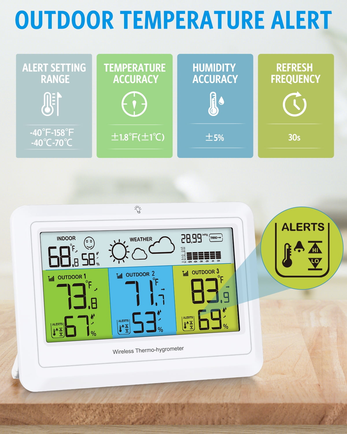 Weather Station, AMIR Indoor Thermometer with 3 Sensors Alert Barometer Pressure Backlight Forecast Outdoor Thermometer Humidity Gauge for Home Greenhouse Office