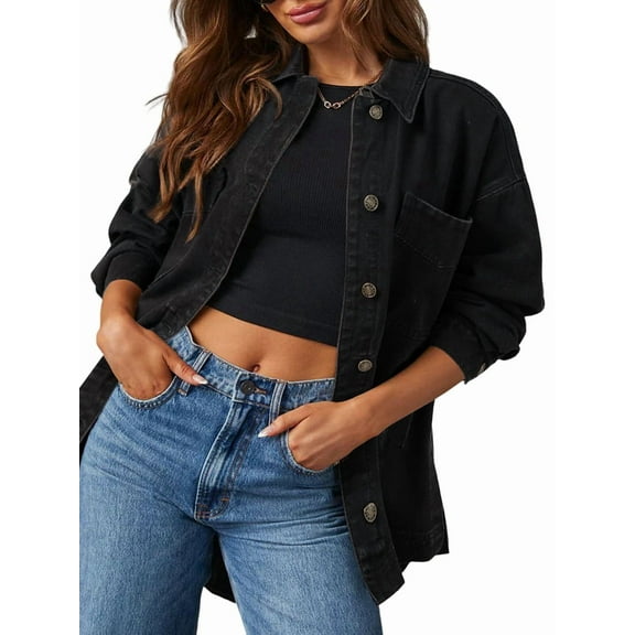 Women'S Jean Jacket Oversized Boyfriend Button Up Long Sleeve Split Zimbaplatinum Denim Jackets Black M