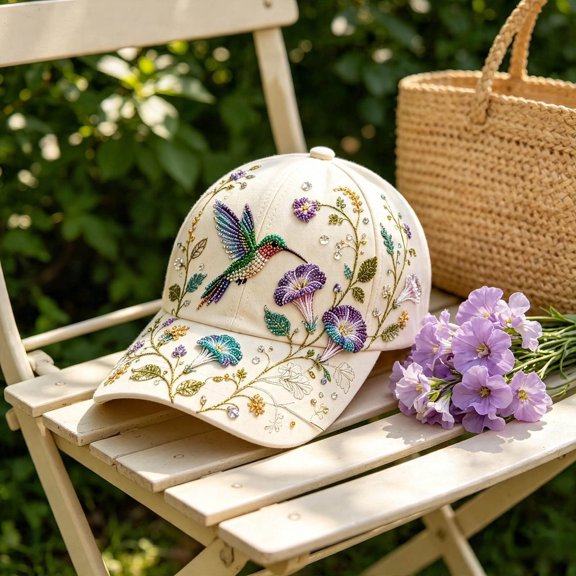 Rhinestone Floral 3D Beaded Baseball Hat Hummingbird Embroidery Adjustable Outdoor Travel Sun Cap