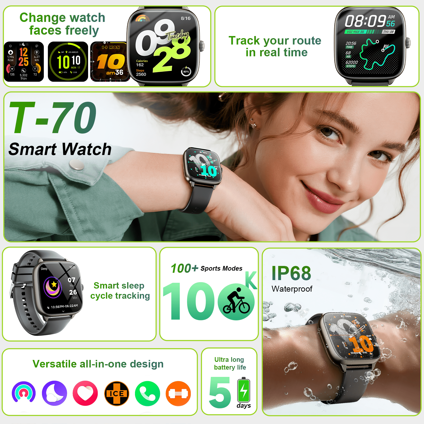 STA Smartwatch – Fitness and Sleep Tracker with 1.72" HD Display, Precise GPS, Call and Messaging, 24/7 Sleep Monitoring, 100+ Professional Sports Modes, Ideal for Sleep and Sports