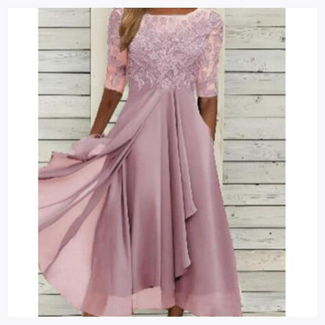 Robe en Dentelle Appliquée Midi Manches Courtes Robes de Soirée Décontractées Robe Assortie pour Mariage YOUYOU