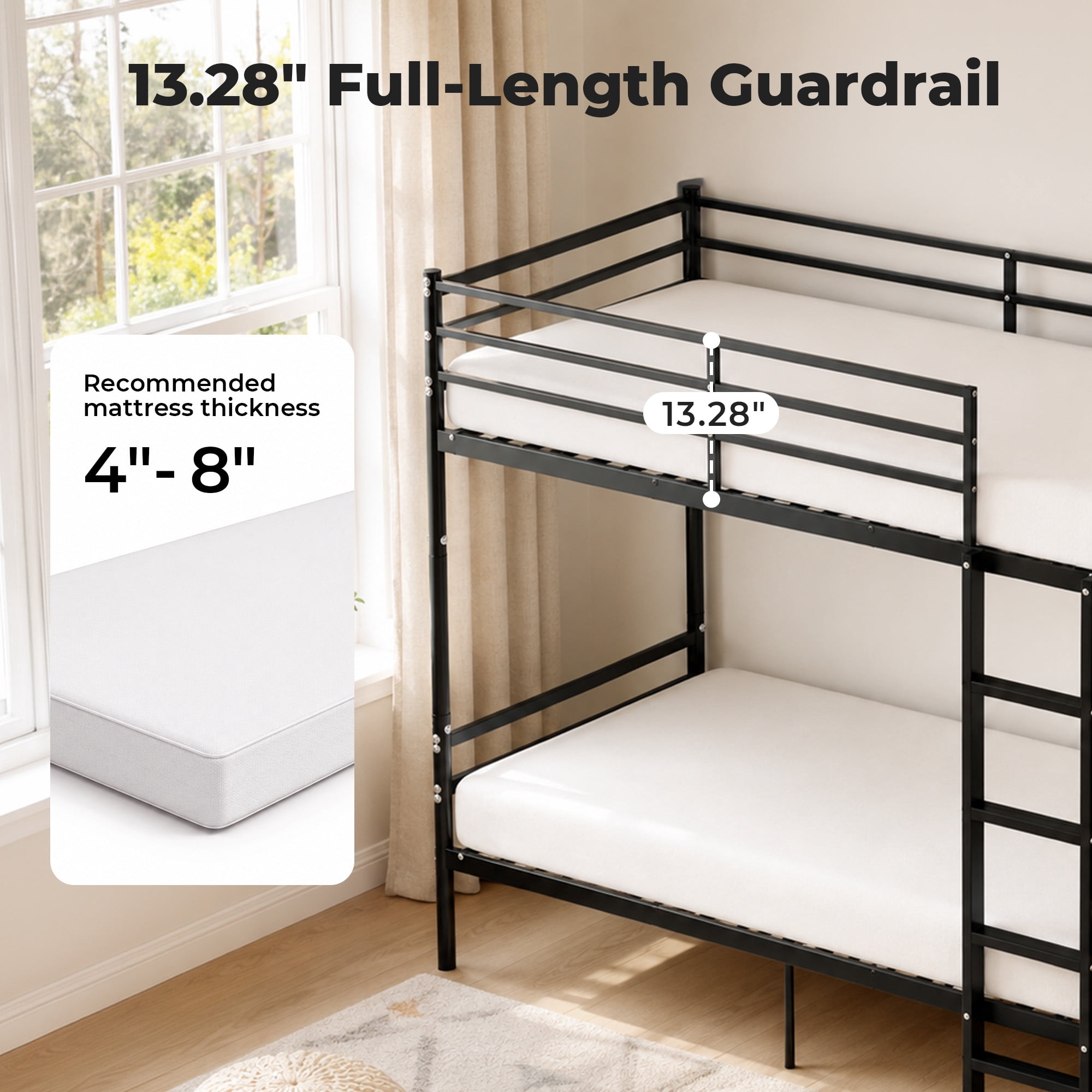 Alvantor Bunk Bed Twin over Twin, Metal Bunk Bed for Kids with Stairs and Guardrail, Converted Into 2 Twin Bed Black