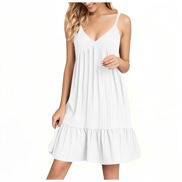 Kyusrd Robes d'Été à Bretelles pour Femmes 2025 Sans Manches à Col en V Mini Robe Chemise Décontractée Taille Haute Plissée Bohème à Volants Ligne A Robes d'Été