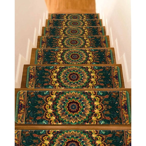 Bohemian Green Flower Non-Slip Stair Treads for Wooden Steps, 10 Pack 8x30 Inch Carpet Stair Mats with Adhesive Backing, Noise-Reducing Step Covers for Indoor Stairs, Easy to Install & Residue-Free